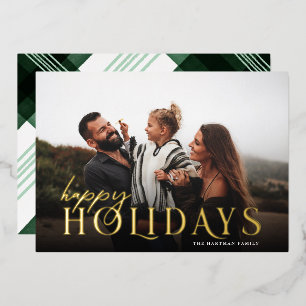 Elegant Typography Plaid Happy Holidays Photo Foil Holiday Card