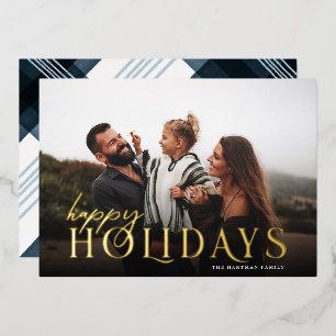Elegant Typography Plaid Happy Holidays Photo     Foil Holiday Card