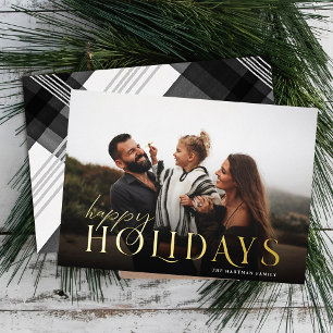 Elegant Typography Plaid Happy Holidays Photo Foil Holiday Card