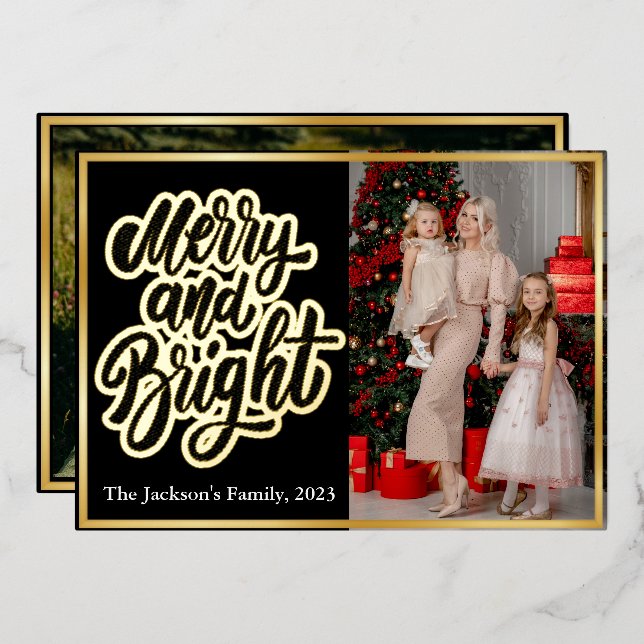 Elegant Typography Plaid Merry Christmas 2 Photo  Foil Holiday Card (Front/Back)