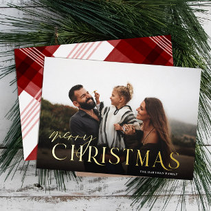  Elegant Typography Plaid Merry Christmas Photo    Foil Holiday Card