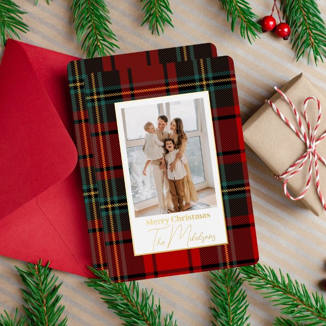 Elegant Typography Plaid Merry Christmas Photo Foil Holiday Card (Creator Uploaded)
