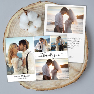 Elegant Typography Script 4 Photo Collage Wedding Thank You Card