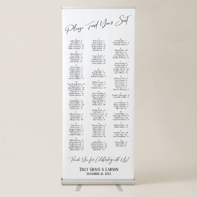 Elegant Typography Seating Chart 128 Names Simple Retractable Banner (Front)