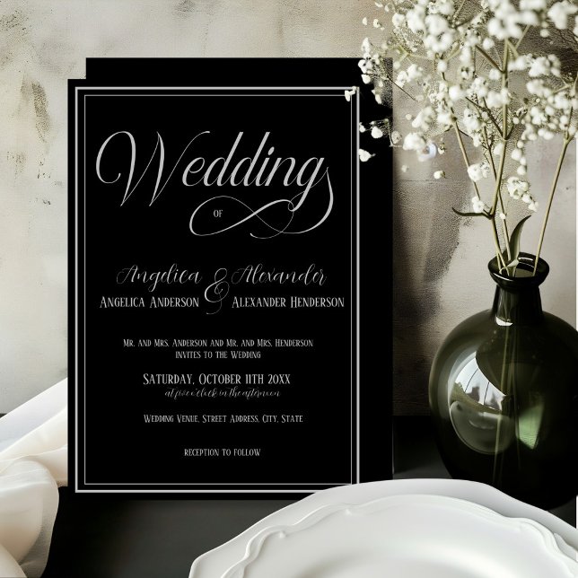 Elegant Typography Silver on Black Formal Wedding  Invitation (Creator Uploaded)
