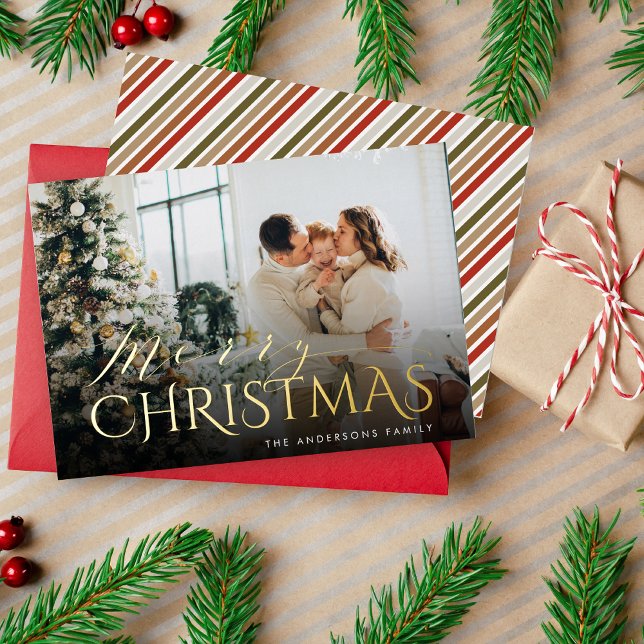Elegant Typography Striped Merry Christmas Photo Foil Holiday Card (Creator Uploaded)