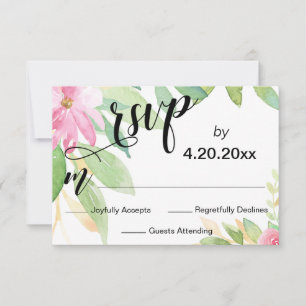 Elegant Typography Watercolor Pink Floral Wedding RSVP Card
