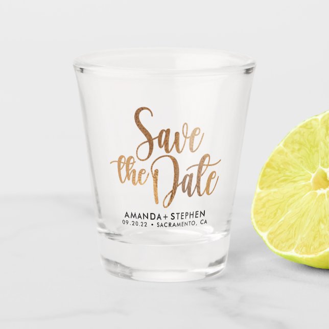 Elegant Typography Wedding Save The Date Shot Glass (Front)