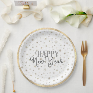 Elegant Typography White Grey Stars Happy New Year Paper Plate
