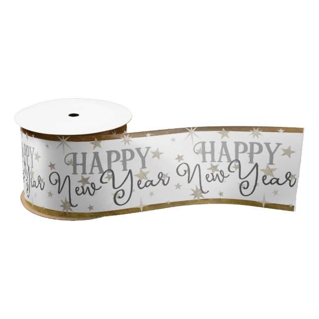 Elegant Typography White Grey Stars Happy New Year Satin Ribbon (Spool)