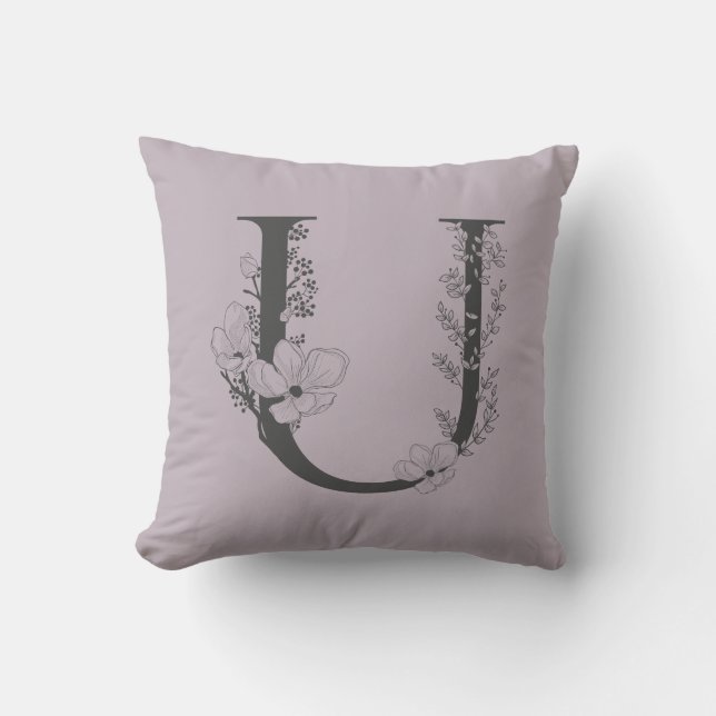 Elegant U Boho Floral Monogram Initial Lilac Grey Cushion (Front)
