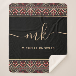Elegant Ukrainian Pattern Design Stylish Monogram Sherpa Blanket