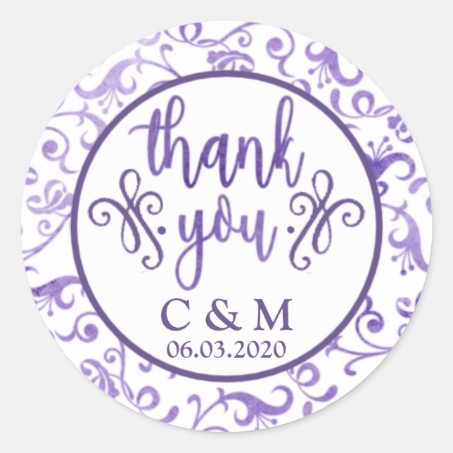 Elegant Ultra Violet Flourishes Wedding Thank You Classic Round Sticker (Front)