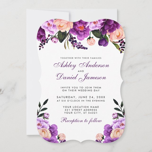 Elegant Ultra Violet Purple Floral Wedding PS Invitation (Front)