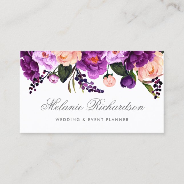 Elegant Ultra Violet Purple Silver Floral Business Card (Front)