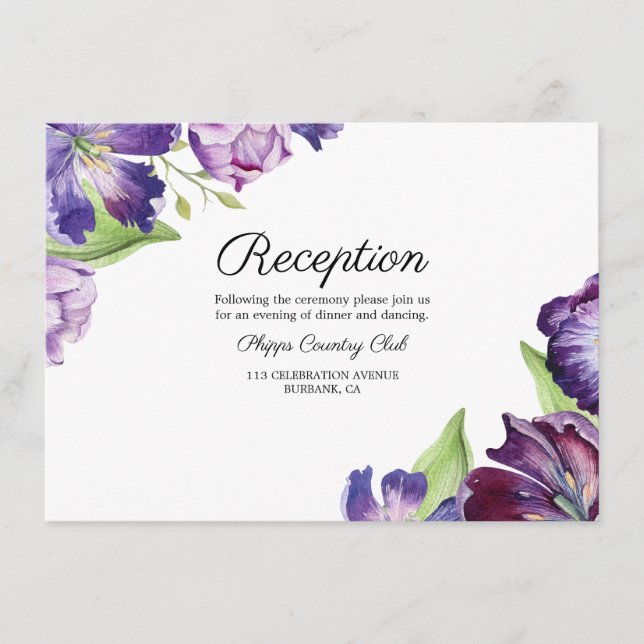 Elegant Ultra Violet Watercolor Tulips Reception Enclosure Card (Front)