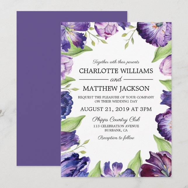Elegant Ultra Violet Watercolor Tulips Wedding Invitation (Front/Back)