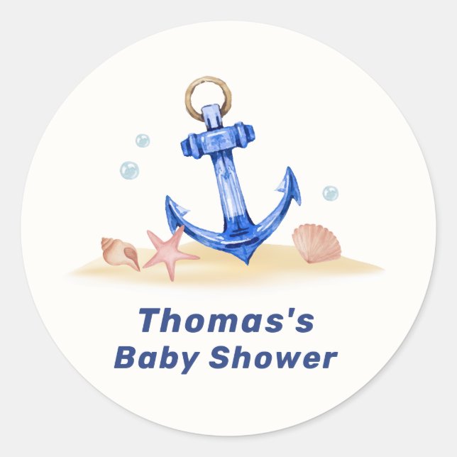 Elegant Under Sea Nautical Anchor Boy Baby Shower  Classic Round Sticker (Front)