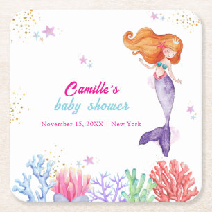 Elegant Under The Sea Mermaid Coral Baby Shower  Square Paper Coaster