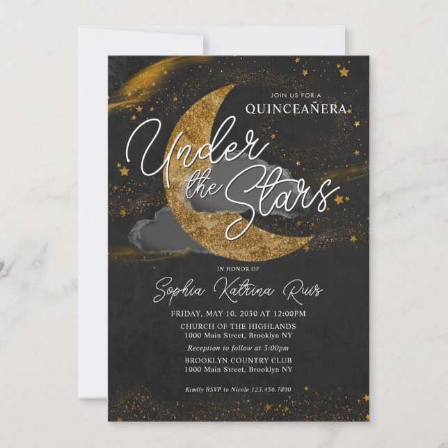 Elegant Under the Stars Gold Moon Glam Quinceanera Invitation (Front)