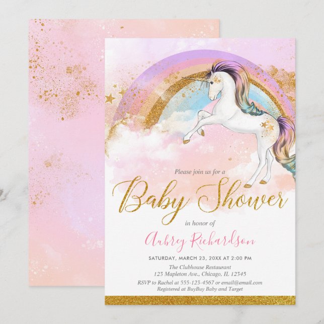 Elegant unicorn baby shower girl pastel rainbow invitation (Front/Back)
