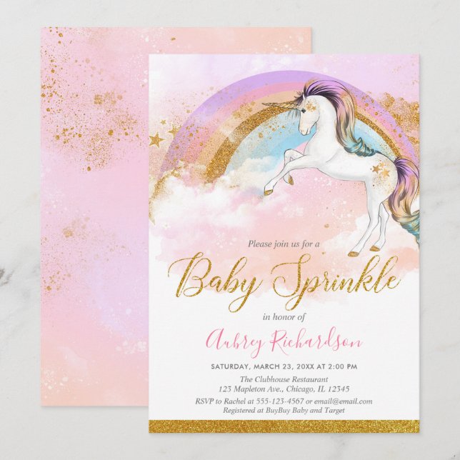 Elegant unicorn baby sprinkle girl pastel rainbow invitation (Front/Back)