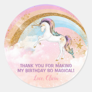 Elegant Unicorn birthday stickers, pink and gold Classic Round Sticker
