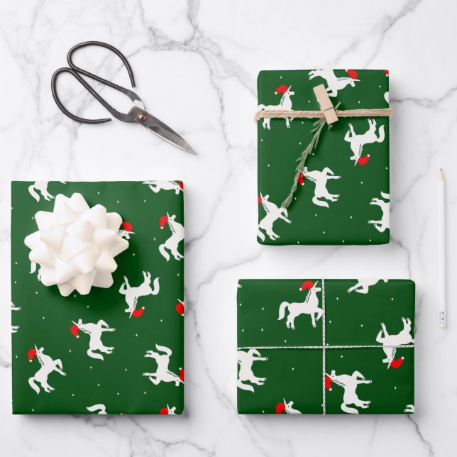 Elegant Unicorn pattern in a Christmas green colou Wrapping Paper Sheet (Front)