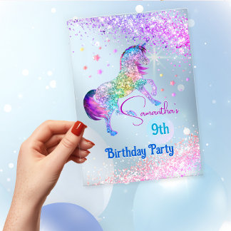 Elegant unicorn pink aqua glitter birthday  acrylic invitations