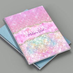 Elegant unicorn pink glitter rhinestone monogram notebook
