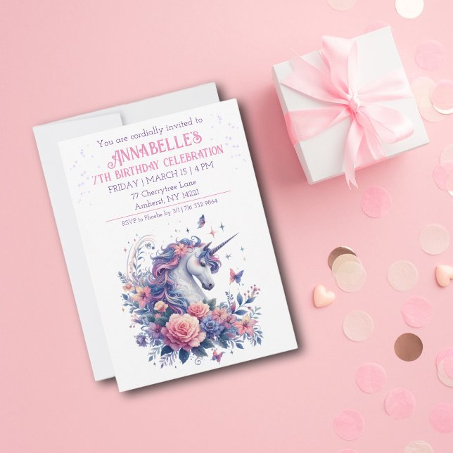 Elegant Unicorn Pretty Pink Purple Girls Birthday  Invitation (Creator Uploaded)