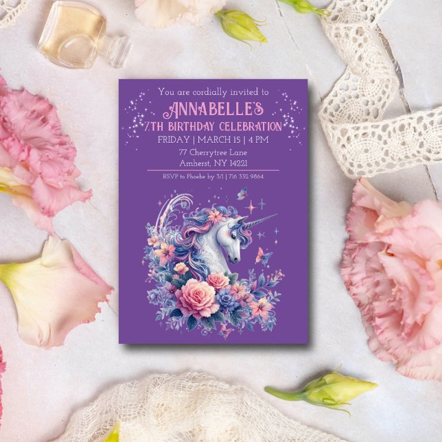 Elegant Unicorn Pretty Pink Purple Girls Birthday  Invitation (Creator Uploaded)