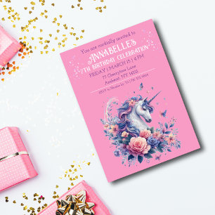 Elegant Unicorn Pretty Pink Purple Girls Birthday Invitation