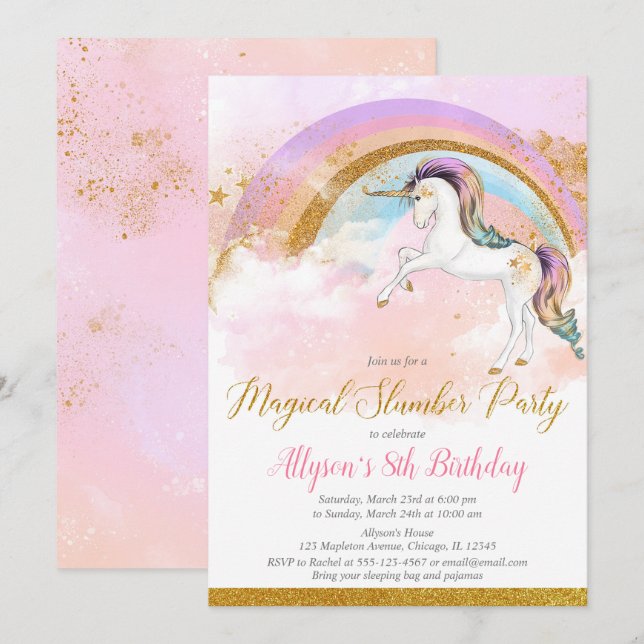 Elegant unicorn slumber party birthday pink gold invitation (Front/Back)