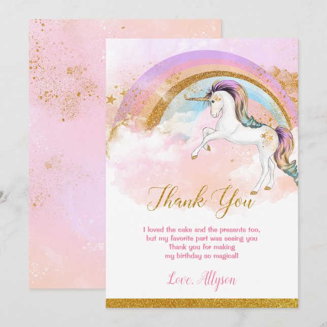 Elegant unicorn thank you cards pink gold rainbow (Front/Back)