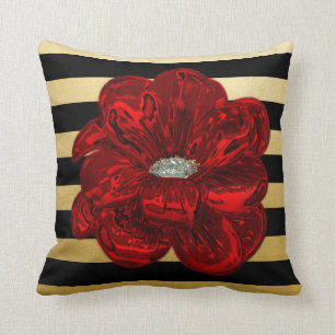 Elegant Unique Black Gold Bloomed Red Rose Throw Cushion