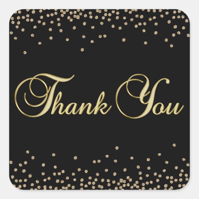 Elegant Unique Black Gold Confetti Thank You Square Sticker (Front)