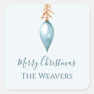 Elegant Unique Blue Watercolor Custom Christmas Square Sticker