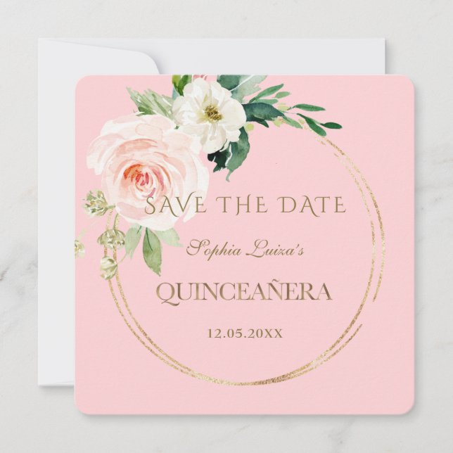 Elegant Unique Blush Cream Floral Gold Quinceañera Save The Date (Front)