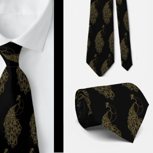 Elegant Unique Bold Black and Gold Peacock Necktie