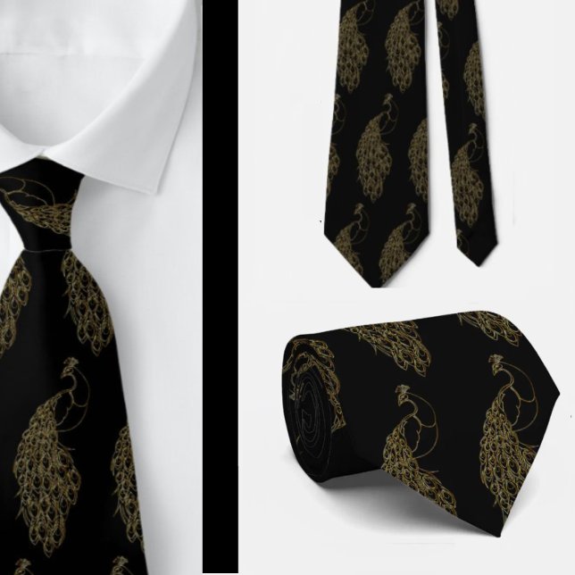 Elegant Unique Bold Black and Gold Peacock Necktie (Creator Uploaded)