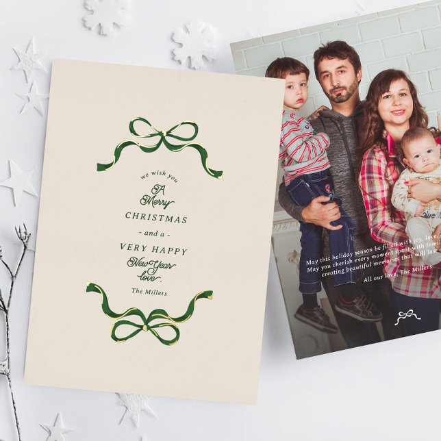 Elegant Unique Christmas Bows Cream & Green Photo Foil Holiday Card (Creator Uploaded)