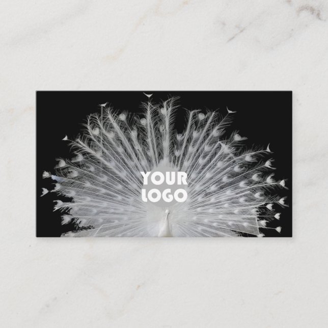Elegant Unique Design Peacock White Black and Logo Business Card (Front)