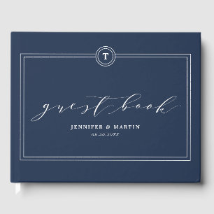 Elegant Unique Navy Monogram Calligraphy Wedding Guest Book