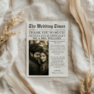 Elegant Unique Newspaper Photo Wedding Thank You Card
