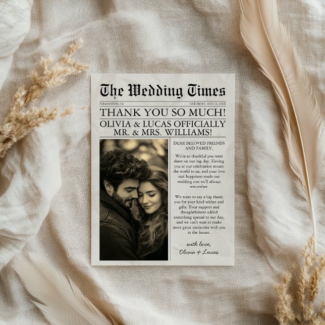 Elegant Unique Newspaper Photo Wedding Thank You Card (Creator Uploaded)