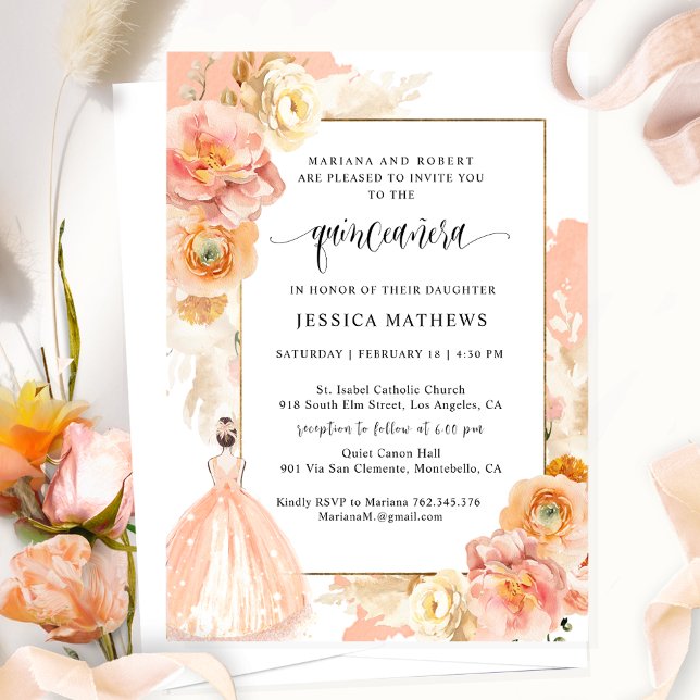 Elegant, Unique Peach Floral Princess Quinceañera Invitation (Creator Uploaded)