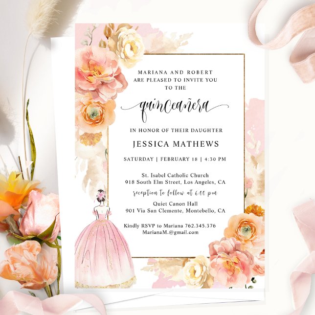 Elegant, Unique Pink Floral Princess Quinceañera Invitation (Creator Uploaded)