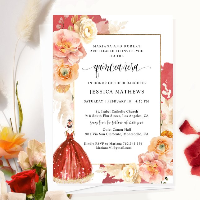 Elegant, Unique Red Floral Princess Quinceañera Invitation (Creator Uploaded)