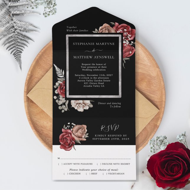 Elegant Unique Red Rose Botanical Wedding Black All In One Invitation (Creator Uploaded)